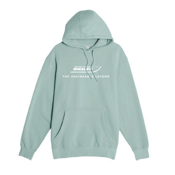 Boston Whaler Custom Hoodie in light seafoam with logo and "The Unsinkable Legend"