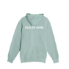Back view of Boston Whaler Custom Hoodie in light seafoam with dealer name printed across shoulders.