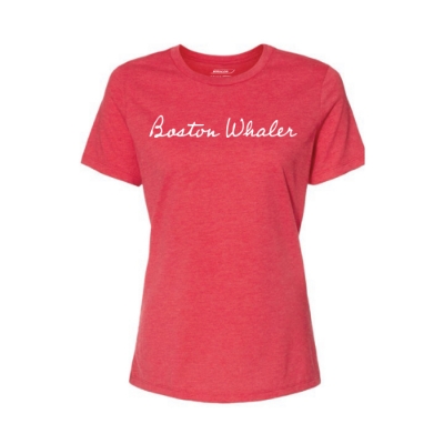 Women’s red Boston Whaler Classic Tee with script logo across chest.