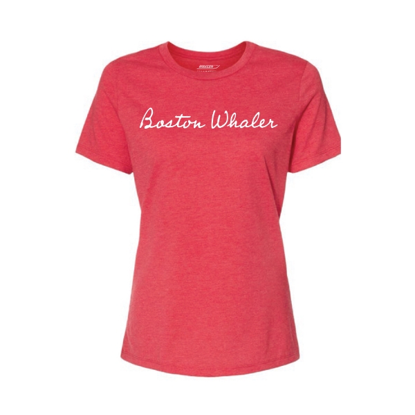 Women’s red Boston Whaler Classic Tee with script logo across chest.