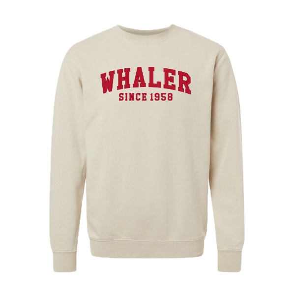 Beige Whaler Crewneck sweatshirt with red “Whaler Since 1958” text on chest.