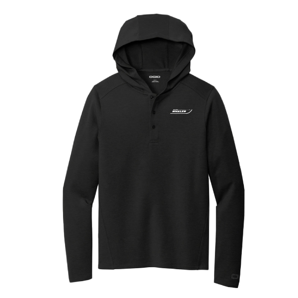 Black Whaler Henley hoodie with three-snap placket and Whaler logo on chest.