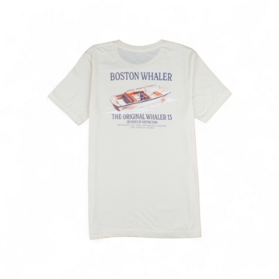 Back view of Boston Whaler Tee featuring Original Whaler 13 boat graphic and heritage design