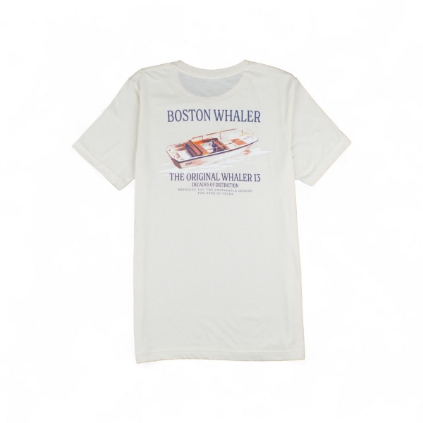 Back view of Boston Whaler Tee featuring Original Whaler 13 boat graphic and heritage design