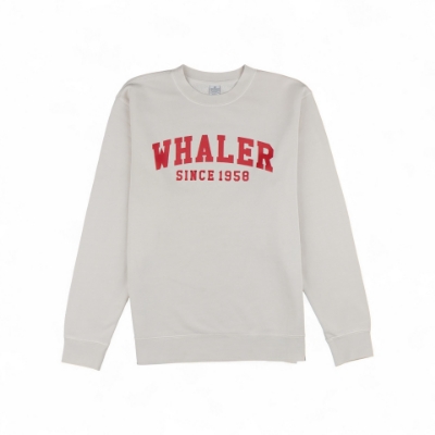 Beige Whaler Crewneck sweatshirt with red “Whaler Since 1958” text on chest.