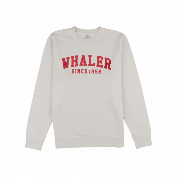 Beige Whaler Crewneck sweatshirt with red “Whaler Since 1958” text on chest.