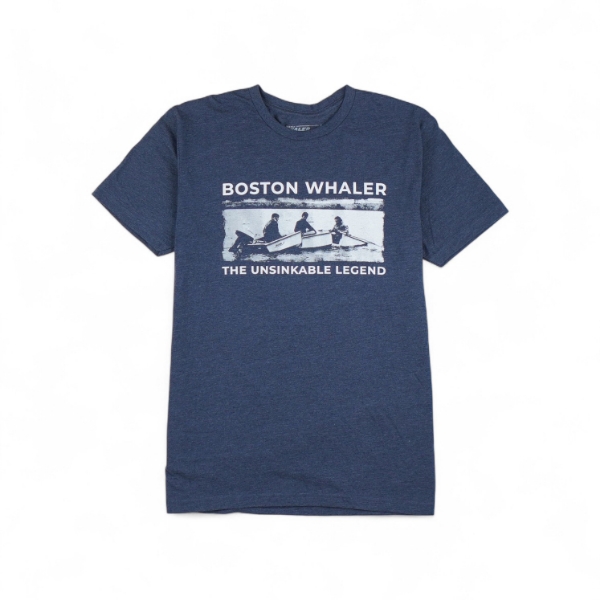 Blue short sleeve shirt featuring “Boston Whaler – The Unsinkable Legend” graphic with classic boat design