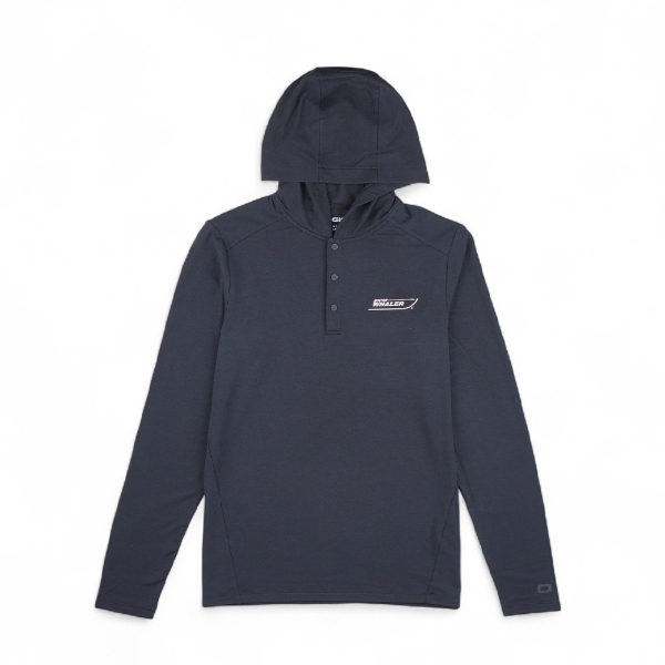 Black Whaler Henley hoodie with three-snap placket and Whaler logo on chest.