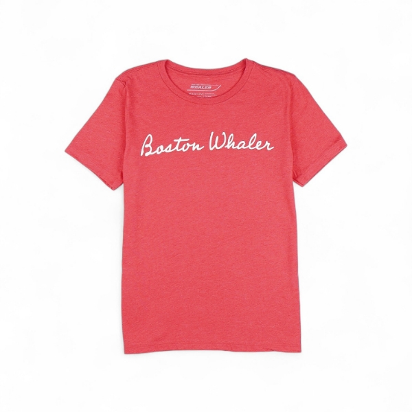 Women’s red Boston Whaler Classic Tee with script logo across chest.