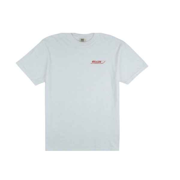 Front view of a white Boston Whaler Americana T-shirt featuring a small red Boston Whaler logo printed on the left chest.