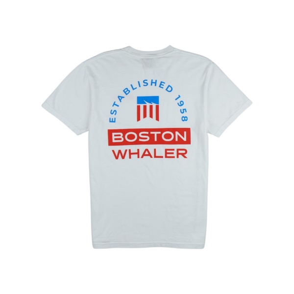 Back view of a white Boston Whaler Americana T-shirt with a large red and blue graphic that includes the text 'Established 1958' and a bold 'Boston Whaler' logo.