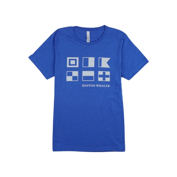Front of Boston Whaler Maritime Flag Tee with nautical signal flags and BOSTON WHALER text.