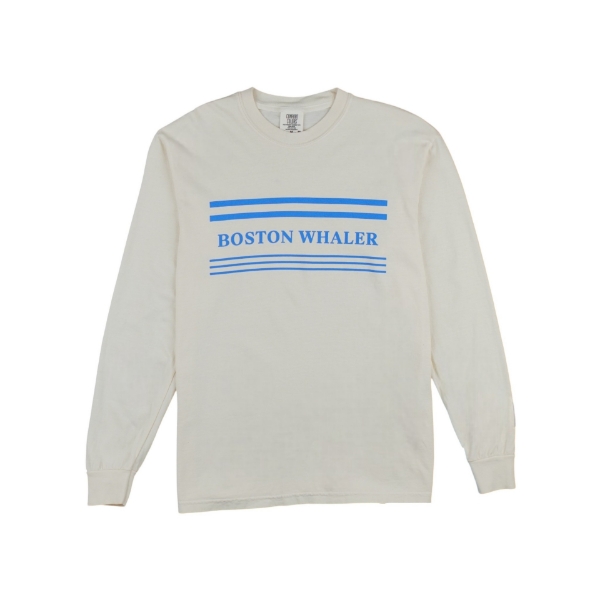 Ivory Boston Whaler Signal Stripe  long sleeve shirt with blue stripes and BOSTON WHALER text.