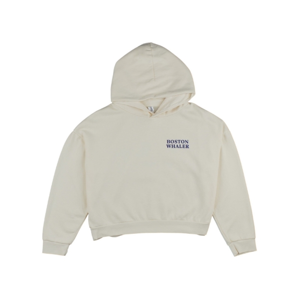 Front view of an off‑white Women's Maritime Flag Hoodie featuring a small navy Boston Whaler logo on the left chest.