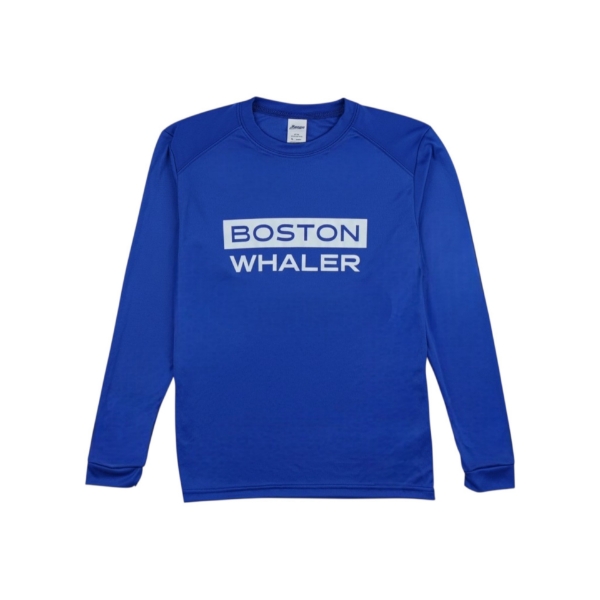 Blue Youth Marine Long-Sleeve Performance Tee with BOSTON WHALER text on front.