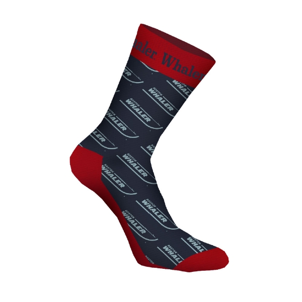 Navy and red Boston Whaler dress socks with repeated logo pattern and contrasting cuff, heel, and toe