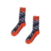Front view of a pair of navy and red Boston Whaler dress socks laid flat, featuring an all-over Whaler text pattern.