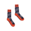 Angled view of a pair of navy and red Boston Whaler dress socks, showing the patterned design and red accent details.