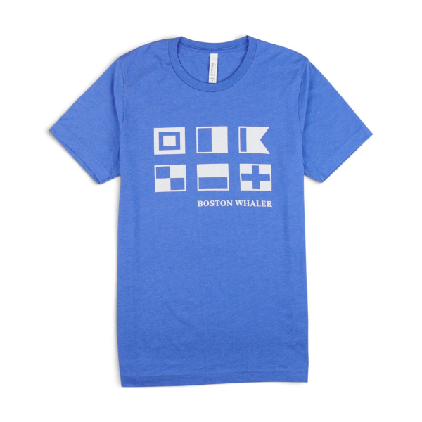 Front of Boston Whaler Maritime Flag Tee with nautical signal flags and BOSTON WHALER text.