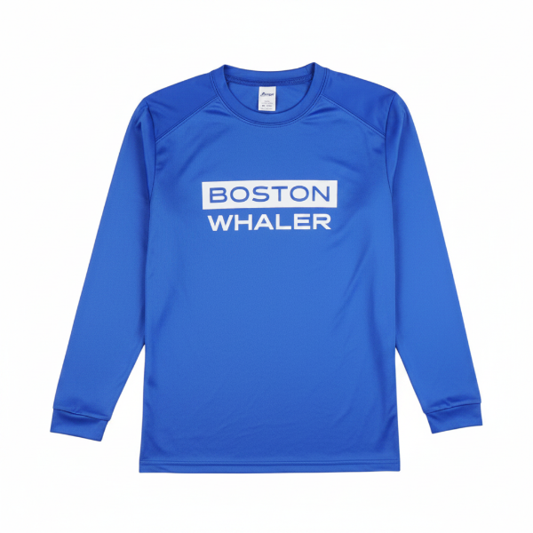 Blue Youth Marine Long-Sleeve Performance Tee with BOSTON WHALER text on front.