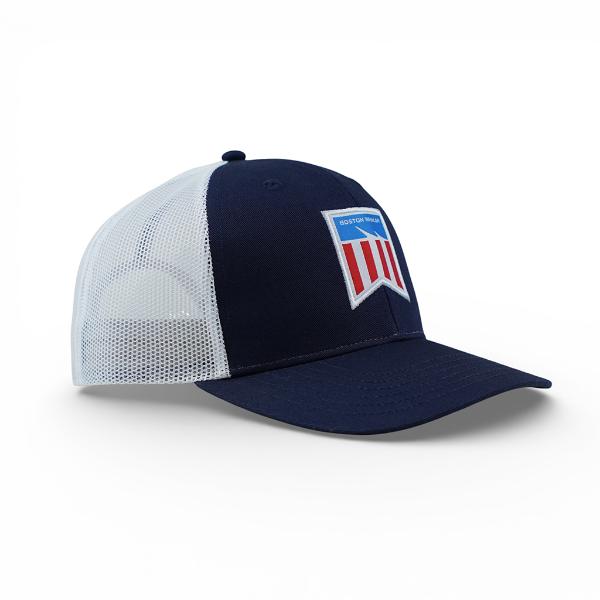 Angled front and side view of Americana Hat showing blue front and white mesh back.