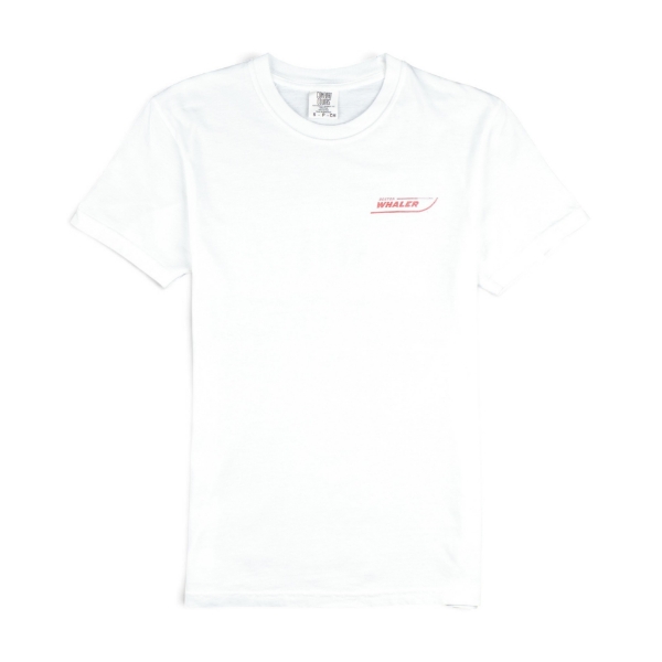 Front view of a white Boston Whaler Americana T-shirt featuring a small red Boston Whaler logo printed on the left chest.