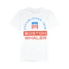 Back view of a white Boston Whaler Americana T-shirt with a large red and blue graphic that includes the text 'Established 1958' and a bold 'Boston Whaler' logo.