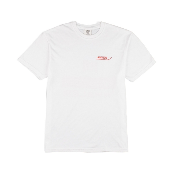 Front view of a white Boston Whaler Americana T-shirt featuring a small red Boston Whaler logo printed on the left chest.