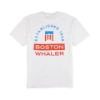 Back view of a white Boston Whaler Americana T-shirt with a large red and blue graphic that includes the text 'Established 1958' and a bold 'Boston Whaler' logo.