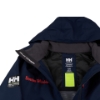 Close-up of jacket's interior hood lining with Helly Hansen logo, Boston Whaler text, and neon zipper pull