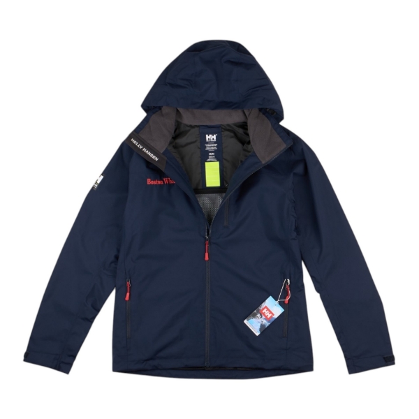 Front view of navy hooded jacket, zipped, with hood up and Boston Whaler patch on chest