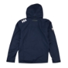 Back view of navy hooded jacket with hood up, showing HH logo at neckline