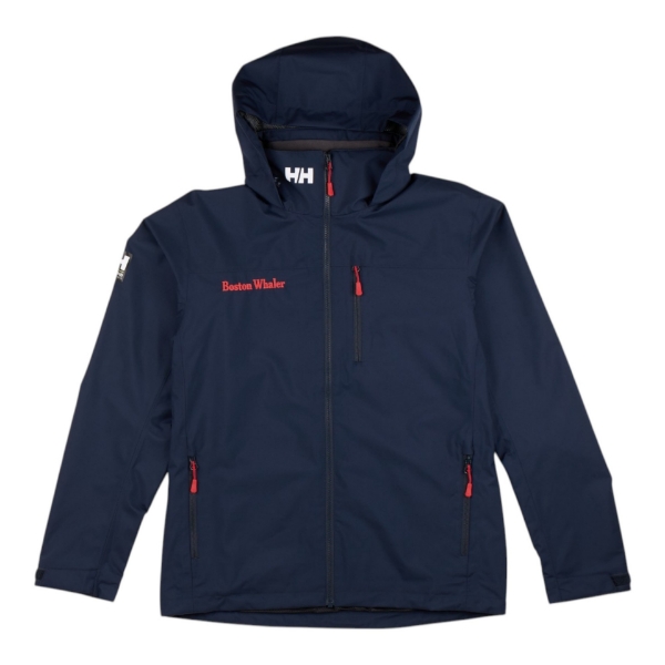 Boston Whaler Helly Hansen Jacket zipped up with hood displaying