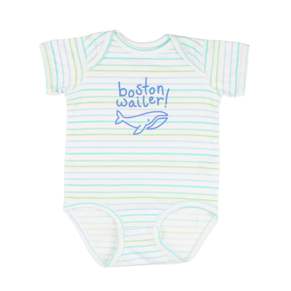 Striped onesie with "boston wailer!" text above whale illustration