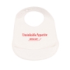 Front of the white Unsinkable Appetite Silicone Bib with red “Unsinkable Appetite” text above the Boston Whaler logo and an adjustable neck strap.